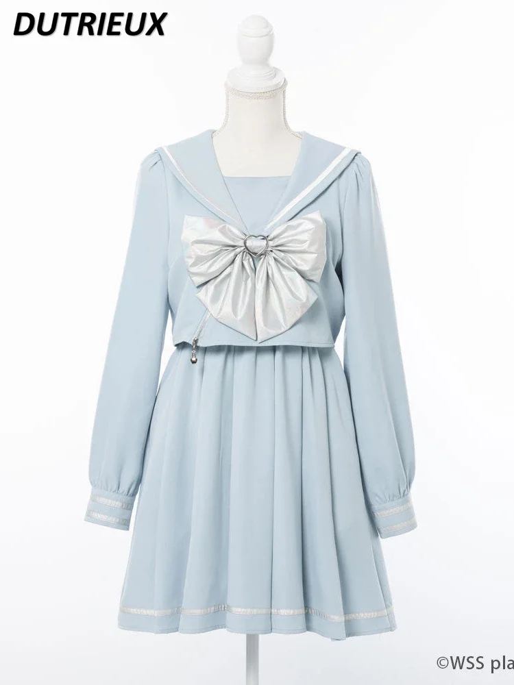 

Платье женское Плиссированное короткое с длинным рукавом, милое приталенное платье с имитацией двух частей и большим бантом в японском стиле, весна
