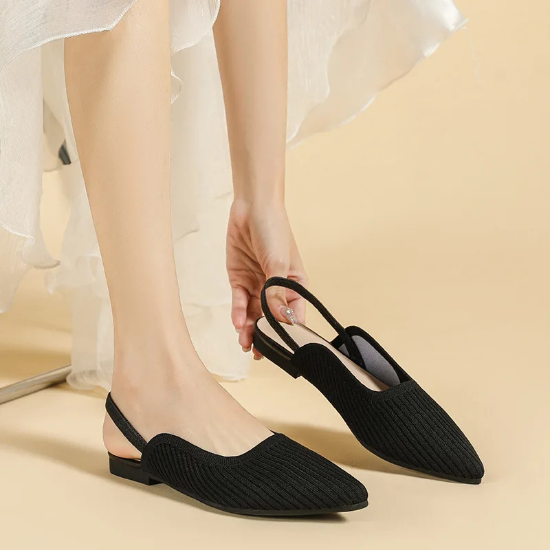 

2023 New Women's Singles Shoes Design Knitted Fabric Pumps Fashion Pointed Toe Slingback Heels Daily Flats Slip-on Casual Shoes