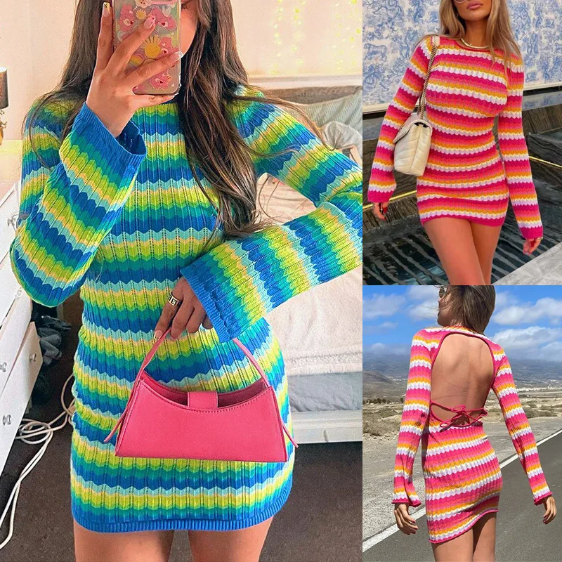 2022 Autumn New Woolen Women's Dress New Striped Backless Long-sleeved Knitted Tight Sexy Beach Bag Hip Skirt Women
2022 Autumn New Woolen Women's Dress New Striped Backless Long-sleeved Knitted Tight Sexy Beach Bag Hip Skirt Women