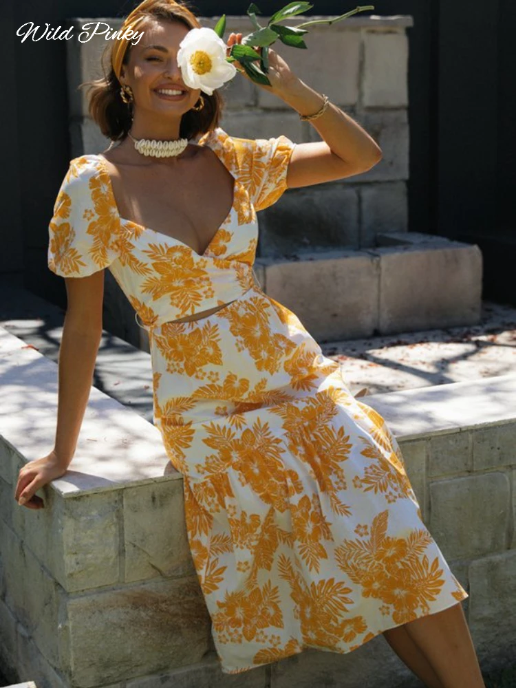WildPinky 2022 New Fashion Sexy Print Puff Short Sleeve Women Summer Dress Holiday V-neck Hollow Out Midi Dress Belt Vestidos
WildPinky 2022 New Fashion Sexy Print Puff Short Sleeve Women Summer Dress Holiday V-neck Hollow Out Midi Dress Belt Vestidos