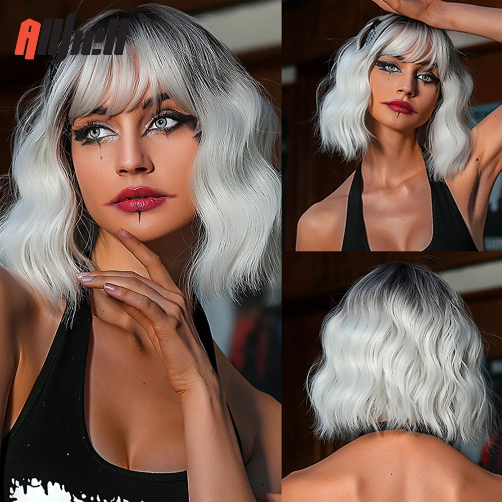

Synthetic Wigs Black to Platinum Ombre Short Wavy Hair Wigs with Bang Cosplay Party Heat Resistant for Women Wig Daily Use
