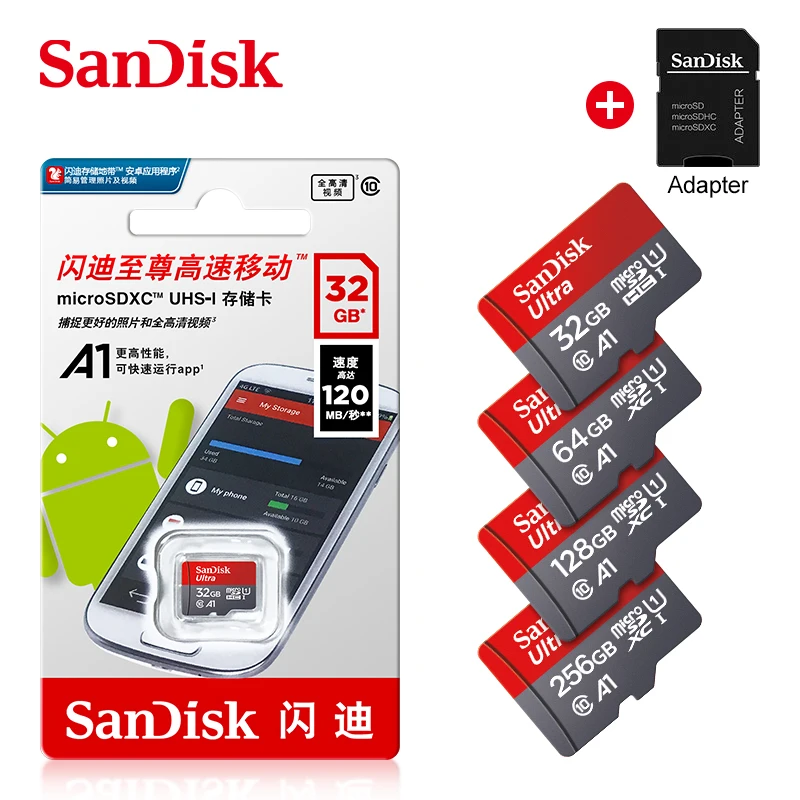 

10PCS Sandisk 64GB class10 memory card Max 100Mb/s micro sdcard 128GB 256GB tarjeta microsd 32g A1 mini TFcard with Free adapter