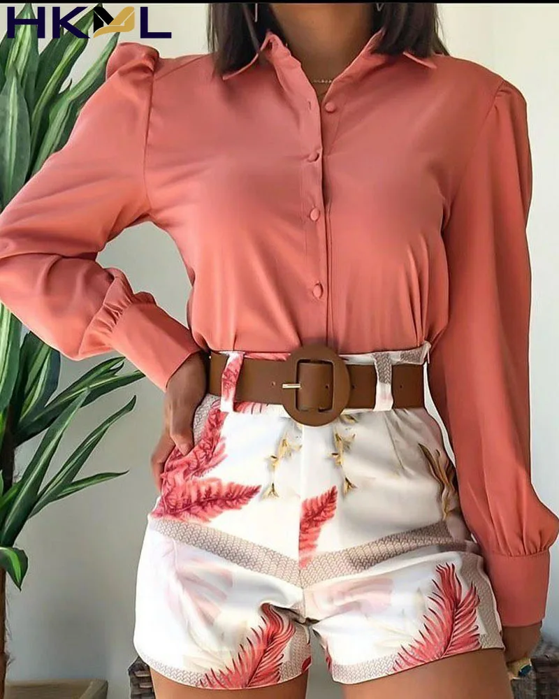 Women Sets Leaf Print Shorts Sets & Solid Color Button-down Blouse High Quality Casual Matching Summer Lady Sets
Women Sets Leaf Print Shorts Sets & Solid Color Button-down Blouse High Quality Casual Matching Summer Lady Sets