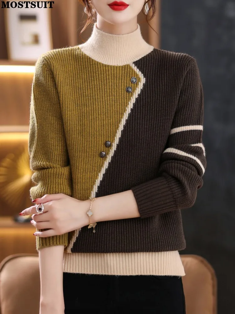 Autumn Winter Women Sweater Pullover Stylish Chic Vintage Workwear Tops Knitwear Long Sleeve Half High Collar Female Jumpers
Autumn Winter Women Sweater Pullover Stylish Chic Vintage Workwear Tops Knitwear Long Sleeve Half High Collar Female Jumpers