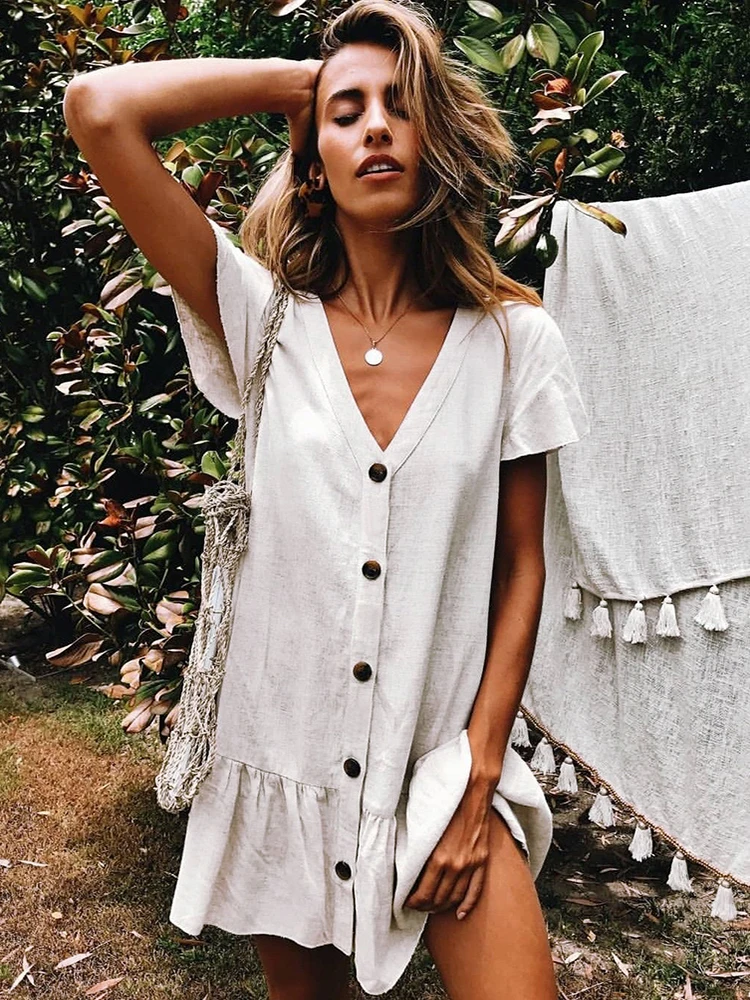 

White Bikini Cover Up Tunic for Beach Button Rayon Beach Shirt Swimsuit Cover Up Vestido Playa Sarong Beachwear Women Pareo