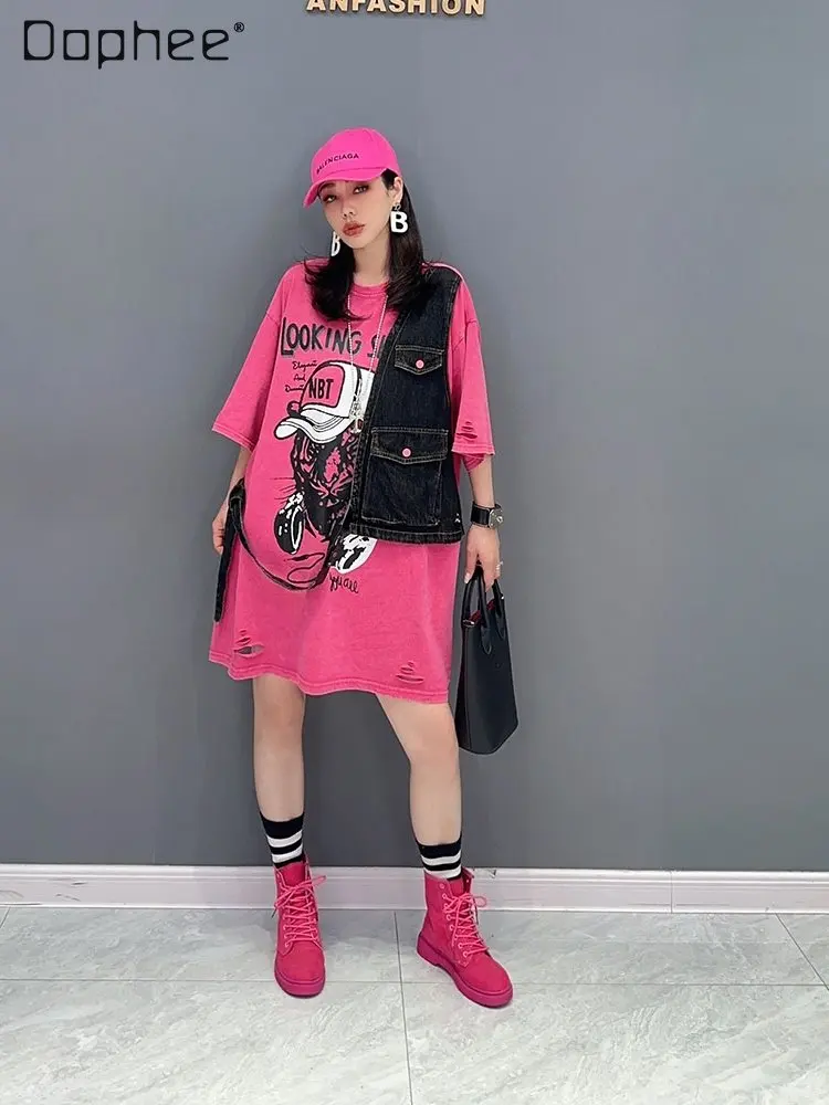 Korean Style Elegant Denim Stitching Printing Mid-Length T-shirt Dress Female 2023 Summer New Color Matching Women's Clothing
Korean Style Elegant Denim Stitching Printing Mid-Length T-shirt Dress Female 2023 Summer New Color Matching Women's Clothing