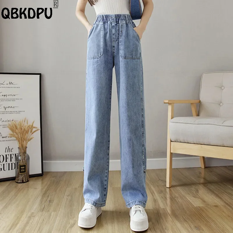 

Casual Elastic High Waist Baggy Jeans Women Pocket Cuffed Wide Leg Vaqueros Wash Straight Denim Pants Streetwear Cowboy Trousers