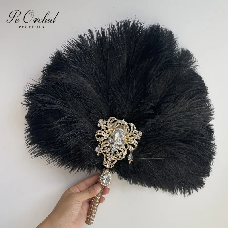 

PEORCHID Black Wedding Feather Fan Brooch Bouquet Gatsby 1920s Bridal Fan Gift Graduation Bouquet Ramo Boda Novia Custom Made