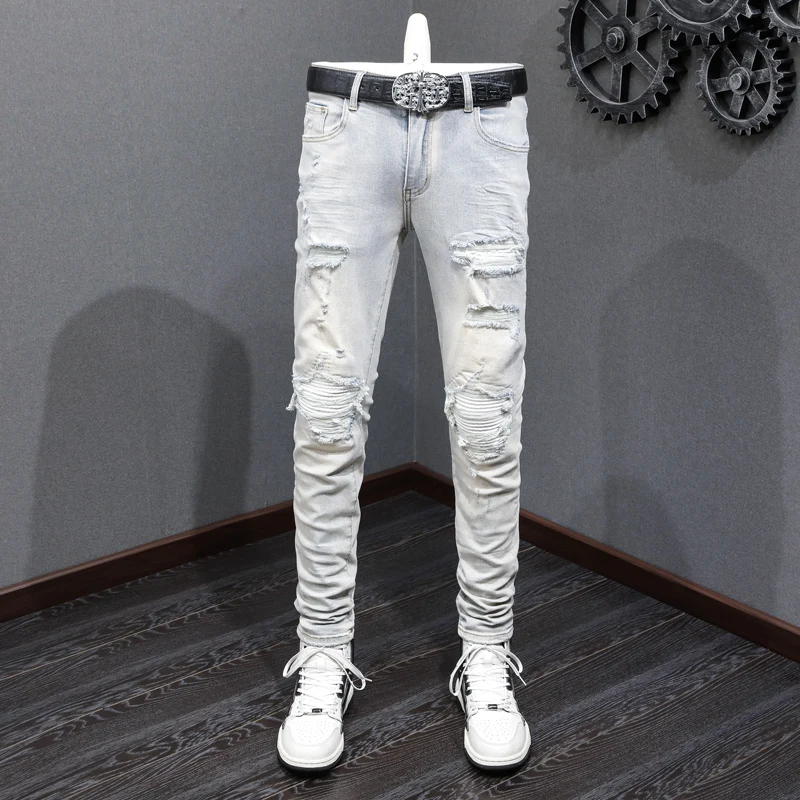 Street Fashion Men Jeans Retro Light Blue Elastic Stretch Skinny Ripped Jeans Men Wrinkle Patched Designer Hip Hop Brand Pants
Street Fashion Men Jeans Retro Light Blue Elastic Stretch Skinny Ripped Jeans Men Wrinkle Patched Designer Hip Hop Brand Pants