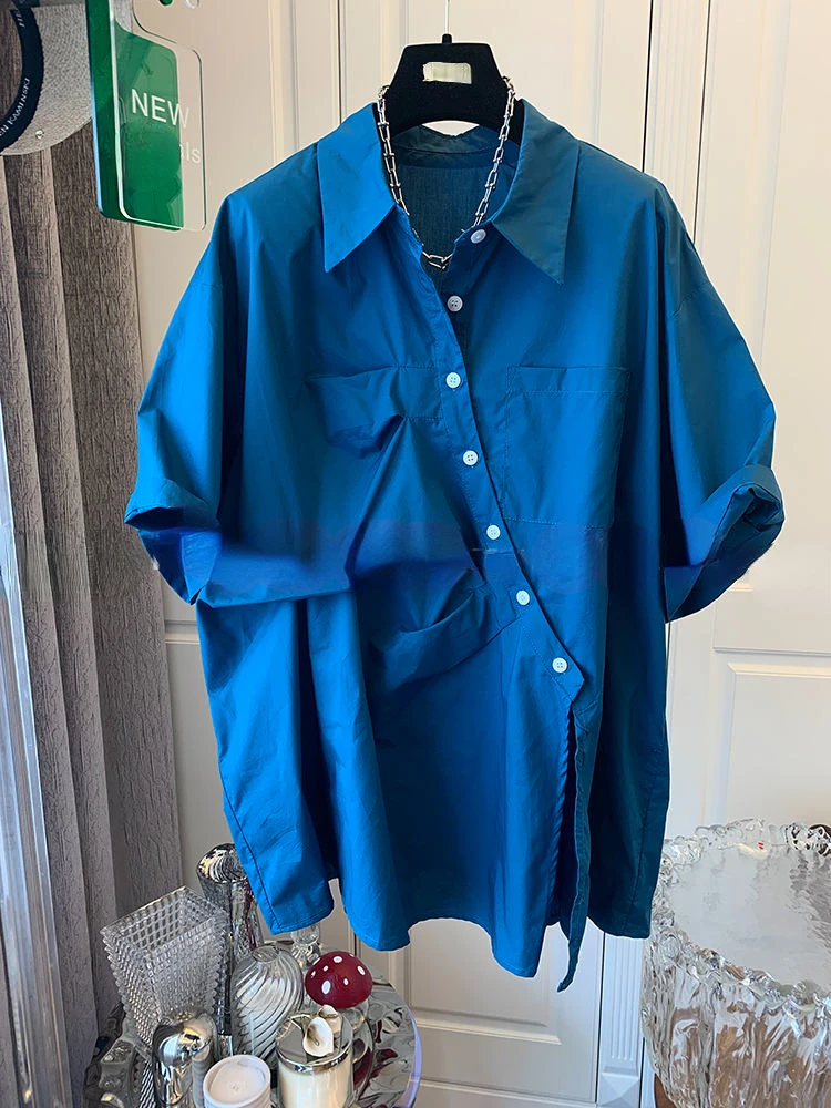 New Women's Commuter Shirt Pleated Slit Diagonal Buckle Loose Short-sleeved Top Female Fashion Casual For Spring Summer 
New Women's Commuter Shirt Pleated Slit Diagonal Buckle Loose Short-sleeved Top Female Fashion Casual For Spring Summer