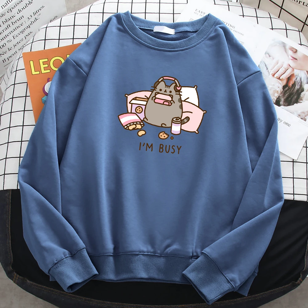 

Sorry I'M Busy Cat Playing Games With Headphones Women Pullovers Korean Hat Rope Sweatshirts School Simple Sweatcasual Warm Top