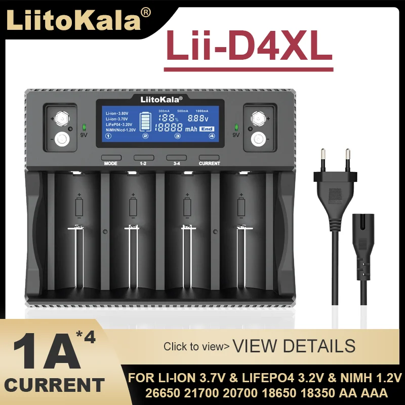 

LiitoKala Lii-D4XL 21700 18650 3.7VLi-ion 3.2V LiFePO4 1.2V NiMH/Cd 26650 26700 32700 D AA AAA 9V LCD Display Battery Charger