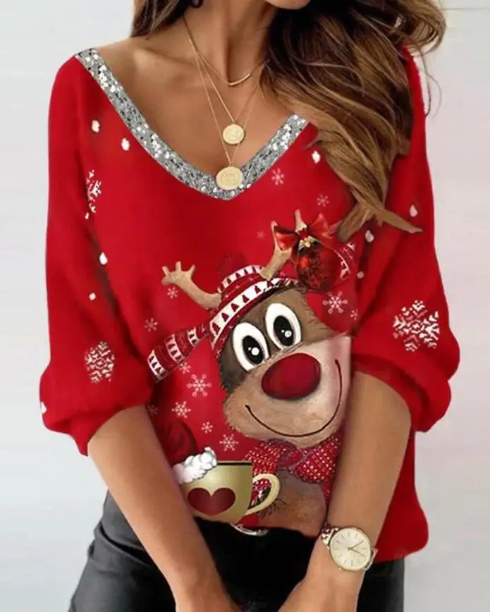 Рождественский женский топ 2022, осенняя модная повседневная футболка с принтом снежинок и оленей, с V-образным вырезом и длинным рукавом, Топ
Рождественский женский топ 2022, осенняя модная повседневная футболка с принтом снежинок и оленей, с V-образным вырезом и длинным рукавом, Топ