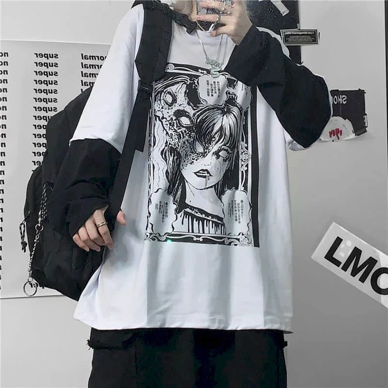Long-sleeved T-shirt Autumn Korean Style Harajuku Bf Style Dark Girl Printing Loose Fake Two-piece Female Student Top Shirts
Long-sleeved T-shirt Autumn Korean Style Harajuku Bf Style Dark Girl Printing Loose Fake Two-piece Female Student Top Shirts