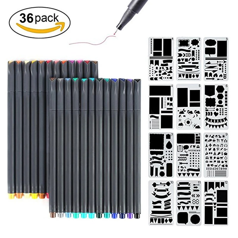 

Journal Stencil 36Pcs Stencil Template for Notebook DIY Scrapbook Gift Card and Art Projects with Fineliner Color Pen Set