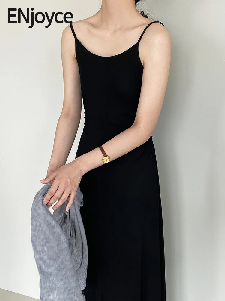 Женское винтажное платье на бретельках ENjoyce, Черное длинное платье-трапеция без рукавов, стрейчевое платье в Корейском стиле на лето