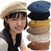 Japanese Women Berets Winter Hats Vintage French Plaid Top Military Cotton Cap Painter Hat Street Girls Octagonal Beret Caps