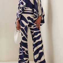 Fashion Print Satin 2 Piece Sets Women Casual Lantern Sleeve Off Shoulder Top Wide Leg Pants Suit Chic Blouse Office Lady Outfit