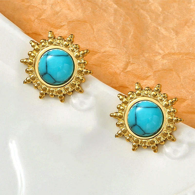 SunFlower Stud Earring Stainless Steel Earrings for Women Inlaid Turquoise Round Natural Stone Earings Fashion Jewelry 2022
SunFlower Stud Earring Stainless Steel Earrings for Women Inlaid Turquoise Round Natural Stone Earings Fashion Jewelry 2022