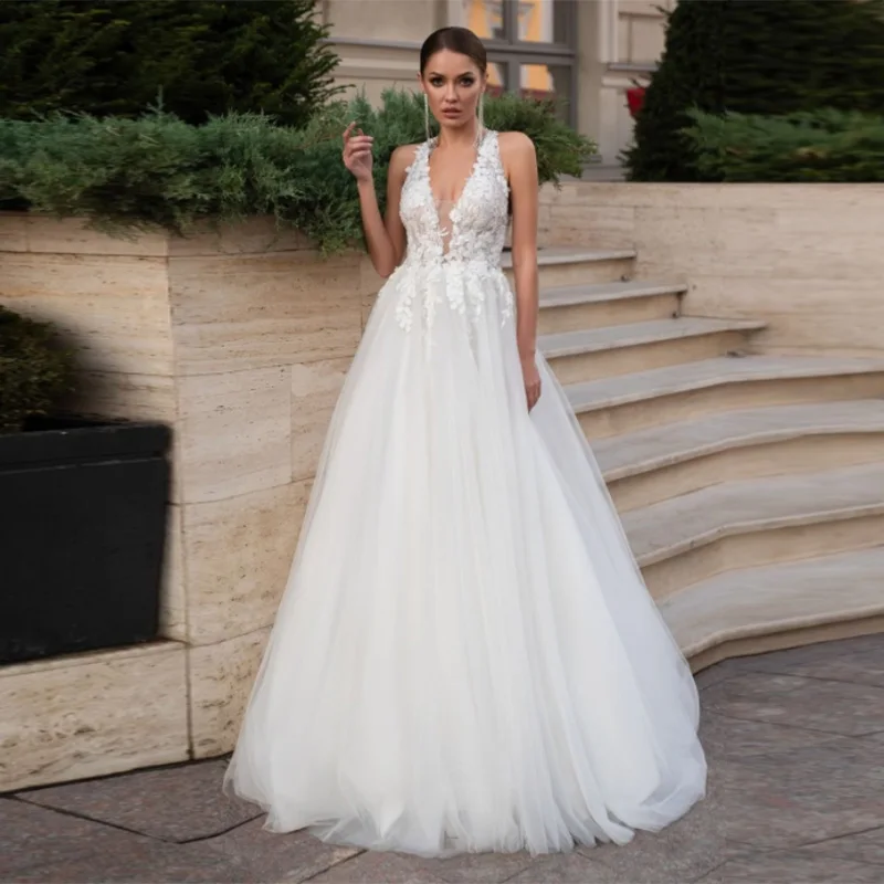 Elegant Wedding Dress Halter Sleeveless Tulle Exquisite Appliques A-Line Floor Length Prom Gown Vestido De Novia For Women
Elegant Wedding Dress Halter Sleeveless Tulle Exquisite Appliques A-Line Floor Length Prom Gown Vestido De Novia For Women