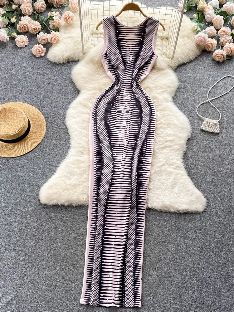 Foamlina Summer Women Long Dress Geometric Print Bodycon Maxi Dress Elegant O-neck Sleeveless Backless Split Evening Club Dress
Foamlina Summer Women Long Dress Geometric Print Bodycon Maxi Dress Elegant O-neck Sleeveless Backless Split Evening Club Dress