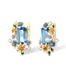 2023 New Fashion Sea Blue Topaz 925 Sterling Silver Earrings Luxury 18K Gold Butterfly Flower Ear Stud Handmade Enamel Jewelry