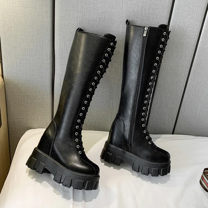 Chunky platform pu Leather Knee High Boots Women Retro Punk Height Increasing long boots Woman Lace Up Booties Mujer Nice 639
Chunky platform pu Leather Knee High Boots Women Retro Punk Height Increasing long boots Woman Lace Up Booties Mujer Nice 639