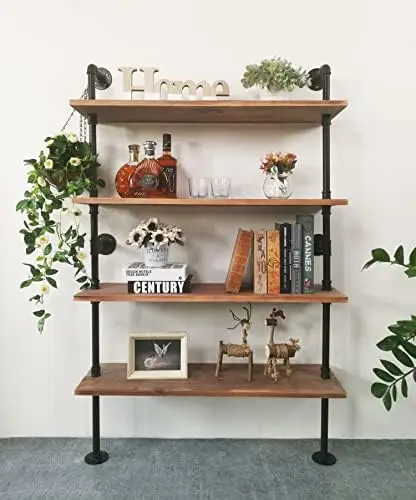 

Стеллаж промышленный с лестничной полкой, книжный шкаф с деревянной металлической трубкой в деревенском стиле для гостиной (коричневого цвета, 10 дюймов D x 3