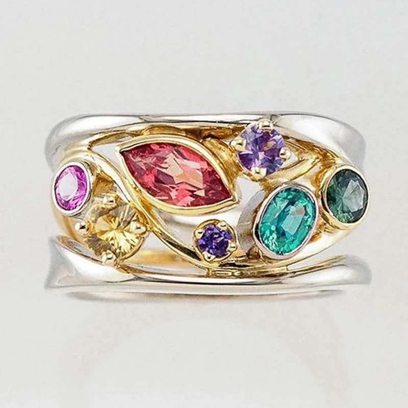 Huitan Two Tone Colorful Stone Hot Sale Women Finger Ring Birthday Anniversary Gift Rings Hollowed Design Fashion Female Jewelry 
Huitan Two Tone Colorful Stone Hot Sale Women Finger Ring Birthday Anniversary Gift Rings Hollowed Design Fashion Female Jewelry