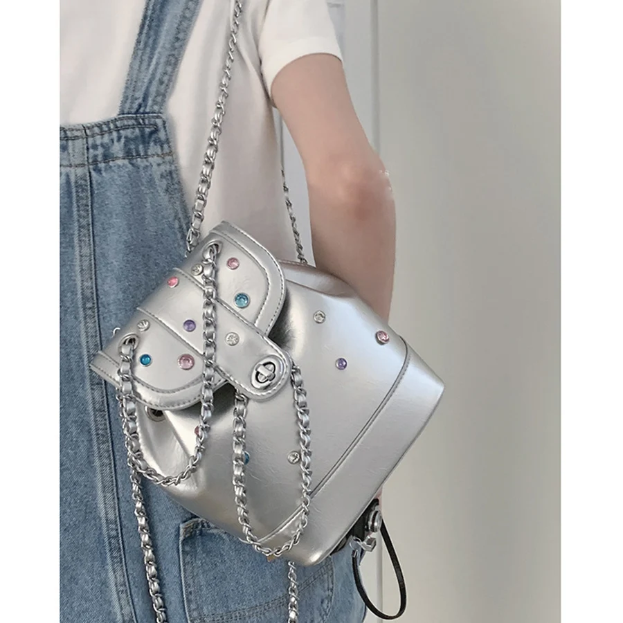 Women Korea autumn colored diamond chains backpack female ins student oil wax leather shoulder bag travel bagpack black rucksack
Women Korea autumn colored diamond chains backpack female ins student oil wax leather shoulder bag travel bagpack black rucksack
