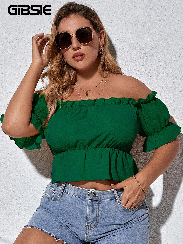 

GIBSIE Plus Size Flounce Sleeve Frill Trim Off Shoulder Tops Blouses Boho Women Summer Casual Ladies Solid Crop Peplum Blouse