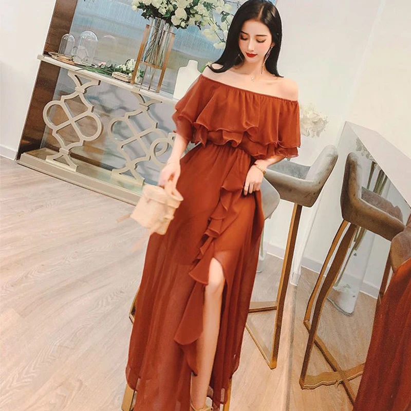 Sexy off-the-shoulder straight neck women's chiffon dress summer ruffles elegant woman party dresses Beach Vestidos Maxi Dress
Sexy off-the-shoulder straight neck women's chiffon dress summer ruffles elegant woman party dresses Beach Vestidos Maxi Dress