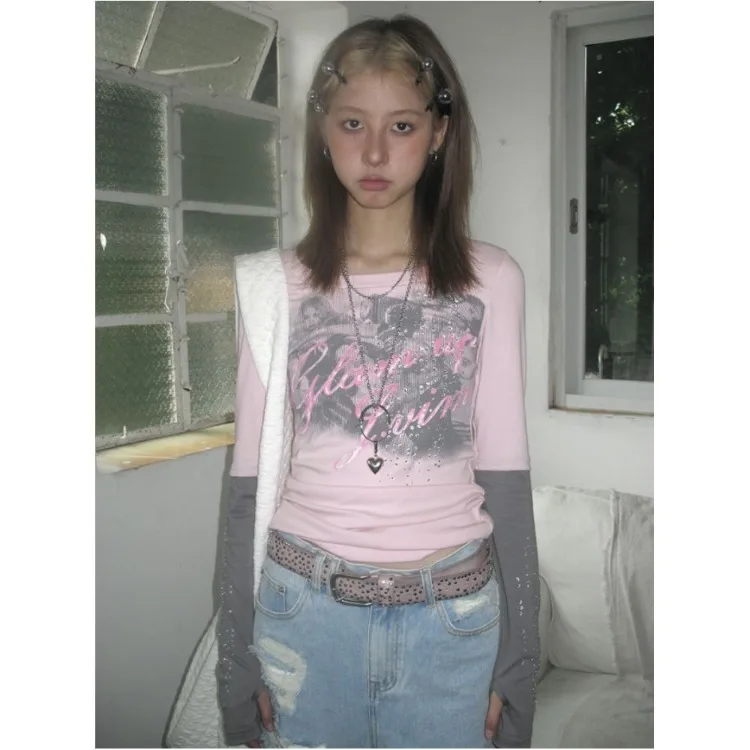 Grunge Patchwork T-shirt Y2k Aesthetics Fake Two-piece T Shirt Fairycore Diamond Pink Tops 2000s Harajuku Streetwear
Grunge Patchwork T-shirt Y2k Aesthetics Fake Two-piece T Shirt Fairycore Diamond Pink Tops 2000s Harajuku Streetwear