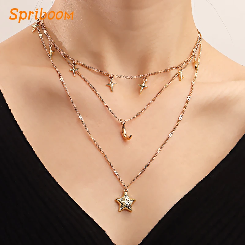 

Bohemia Star Moon Necklaces Multilayer Crystal Stars Pendant Necklace Vintage 3 Layered Collares 2022 Trendy Jewelry Party Gifts