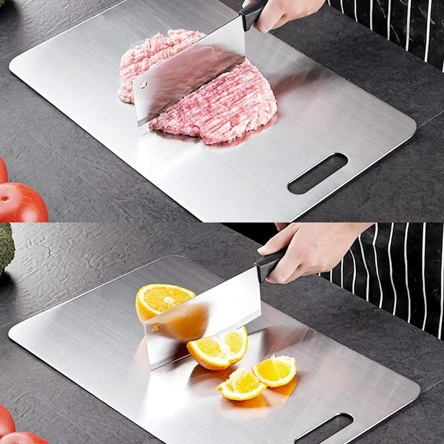 Superior 304 Stainless Steel Cutting Board Keeps Food Fresh Easy to Clean Round Hole Handle Design Ideal for all Kitchens
Superior 304 Stainless Steel Cutting Board Keeps Food Fresh Easy to Clean Round Hole Handle Design Ideal for all Kitchens