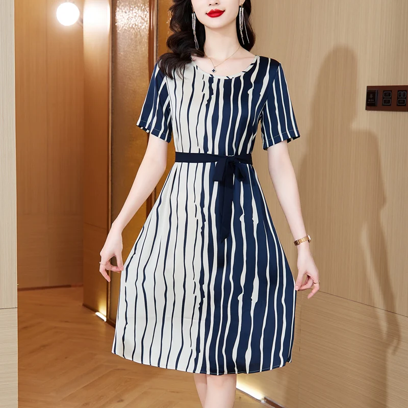 

Новинка 2023, модное цветное шелковое платье, женское летнее универсальное свободное повседневное праздничное платье с круглым вырезом и коротким рукавом