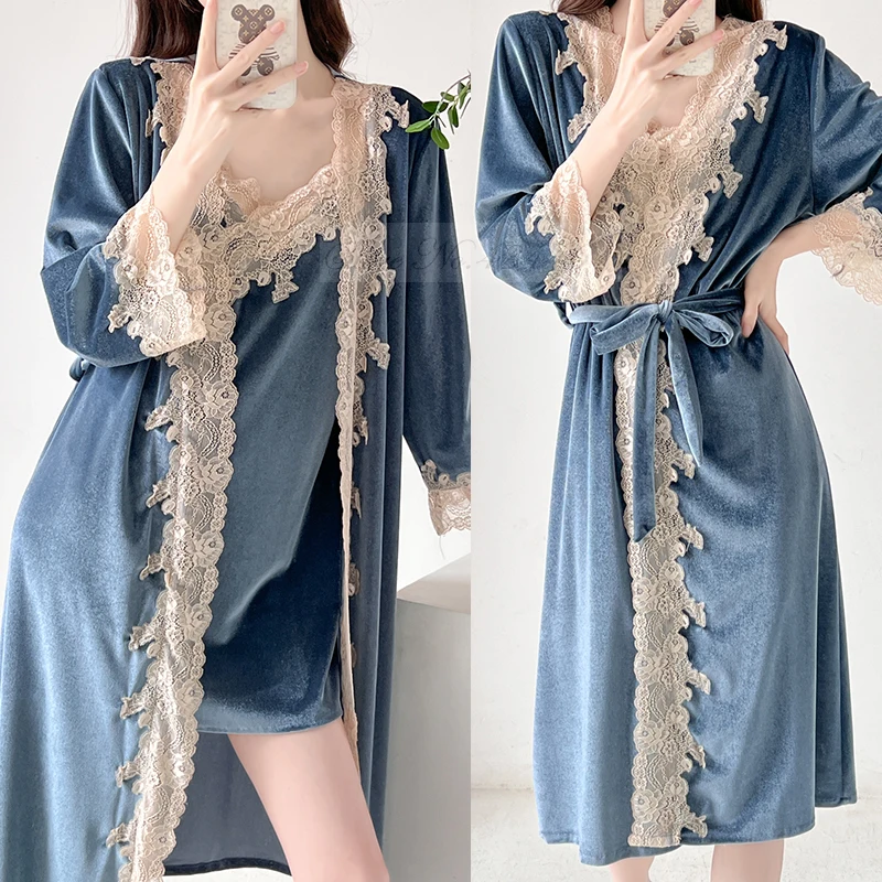 

New Velvet Twinset Robe Set Sexy Lace Kimono Bathrobe Gown Autumn Winter Velour Sleepwear Suspender Nightdress Casual Homewear