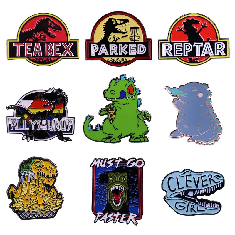 

Excellent Quality Tyrannosaurus Rex Velociraptor Enamel Pin Dinosaur Brooches Raptor Horror Animal Badge Children Fashion Gifts