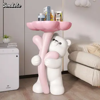 Cute Bear Embracing Flowers And Landing Side Table Ins Style Living Room Bedroom Table Pink ChildrenS Room Decoration Bedsid