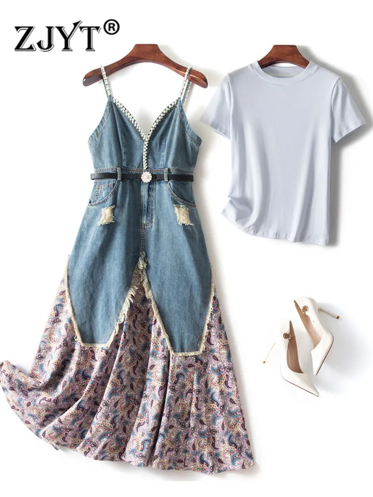 ZJYT Summer High Street Fashion Pearls Midi Denim Dress Set Two Pieces Womens Outfits Casual Short Sleeve White T Shirt Vestidos
ZJYT Summer High Street Fashion Pearls Midi Denim Dress Set Two Pieces Womens Outfits Casual Short Sleeve White T Shirt Vestidos