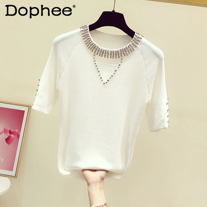 2022 Summer New Fashion Short Sleeve Ice Silk Knitted Diamond Round Neck Ripped Knitwear T-shirt Women's Casual Temperament Top
2022 Summer New Fashion Short Sleeve Ice Silk Knitted Diamond Round Neck Ripped Knitwear T-shirt Women's Casual Temperament Top