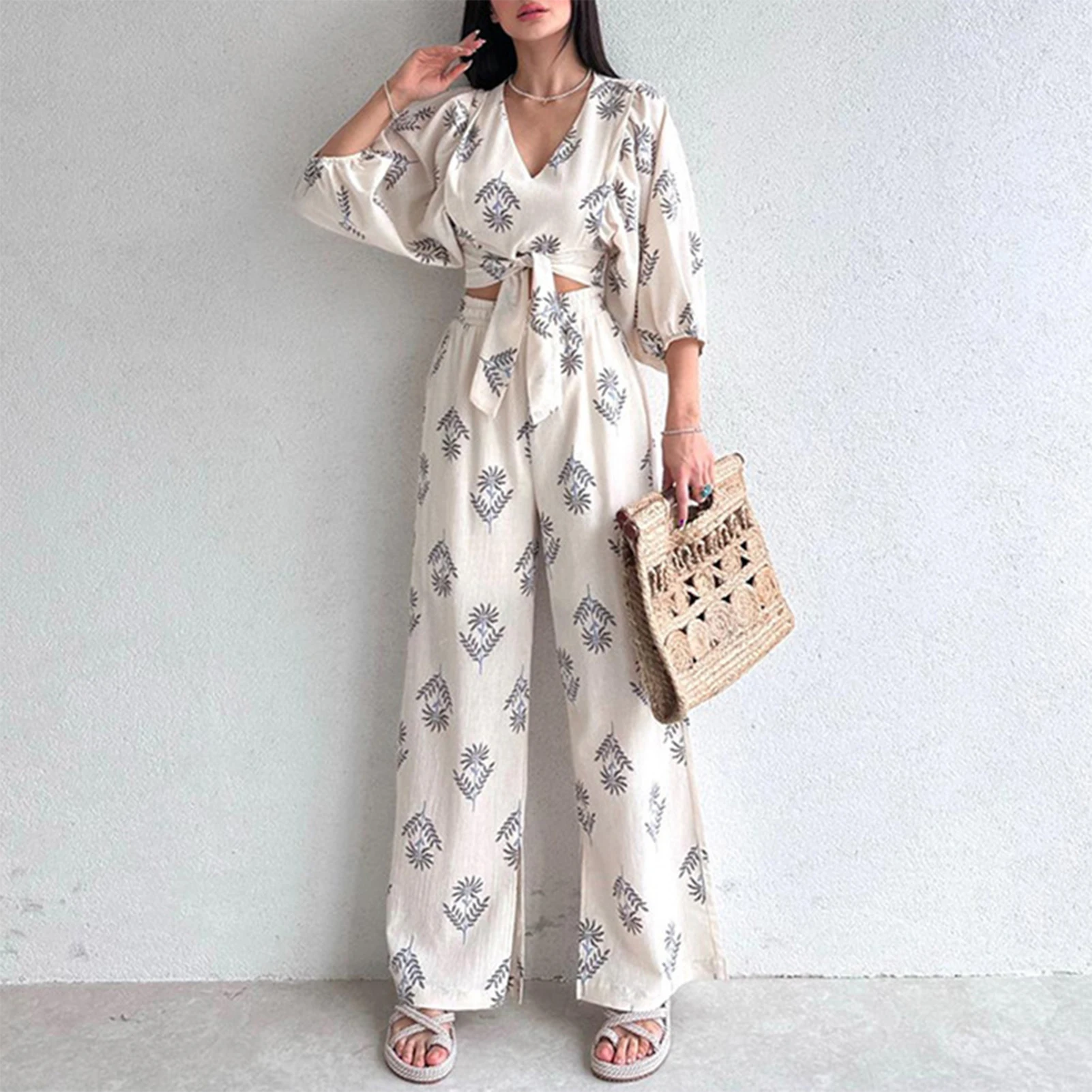 Women Printed Shirt Top Pants Sets Puff Sleeve Elegant Blouses Trousers Navel Exposed Elastic Waisted Wide Leg Loose Fit Suits
Women Printed Shirt Top Pants Sets Puff Sleeve Elegant Blouses Trousers Navel Exposed Elastic Waisted Wide Leg Loose Fit Suits