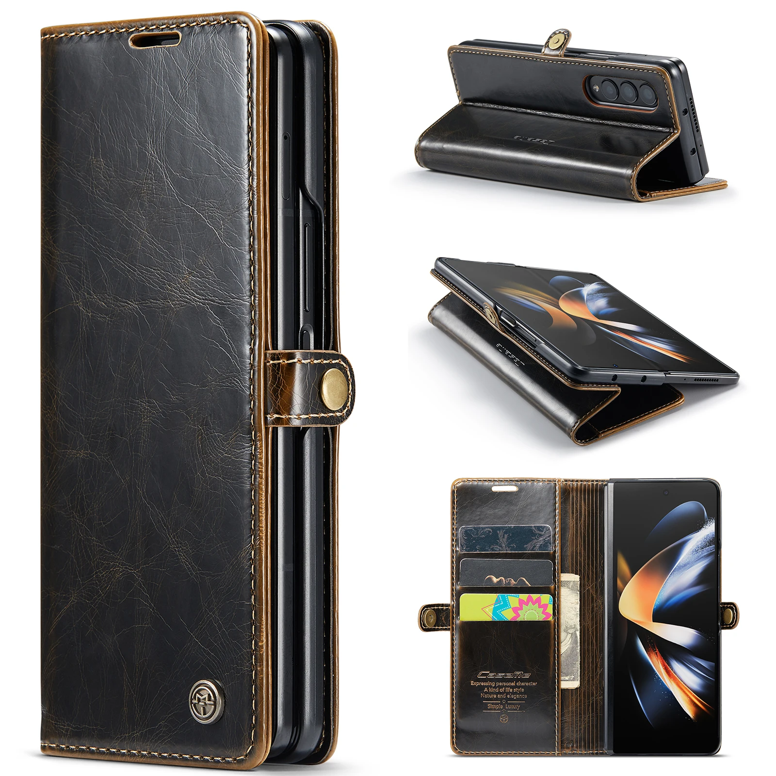 

CaseMe 2022 For SAMSUNG Z Fold4/Fold3 5G Case Retro Leather Wallet Flip Cover Magnetic Closure Kickstand Multi Cash Cards Slots