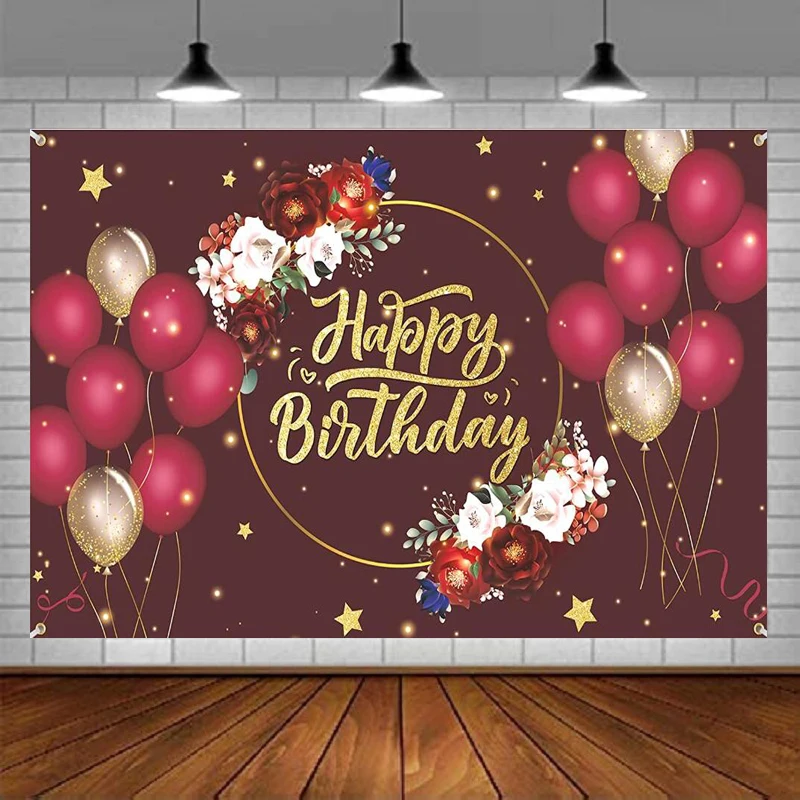 

Photography Backdrop Burgundy Happy Birthday Banner Floral Background For Women Lady Girl Red Wine Gold Cake Table Decor