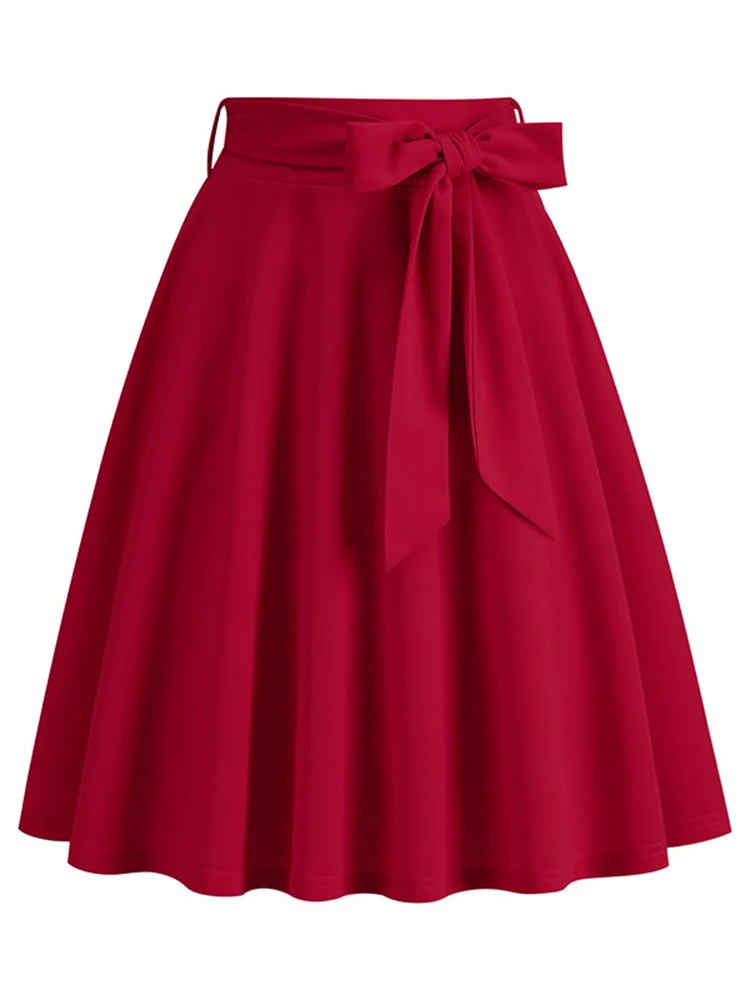 

Retro Women Solid Color High Waist Skirts Self-Tie Bow-Knot Embellished Big Swing Keen Length Elegant A-Line Skirt Faldas Mujer