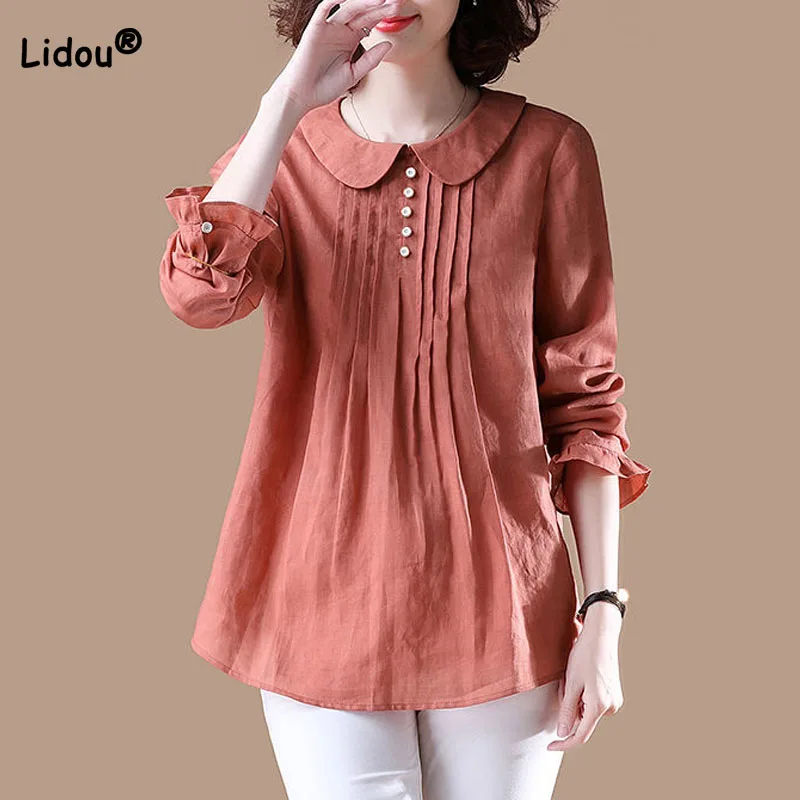Women's Spring Autumn New Peter Pan Collar Casual Solid Color Shirt All-match Vintage Long Sleeve Loose Button Spliced Blouse
Women's Spring Autumn New Peter Pan Collar Casual Solid Color Shirt All-match Vintage Long Sleeve Loose Button Spliced Blouse