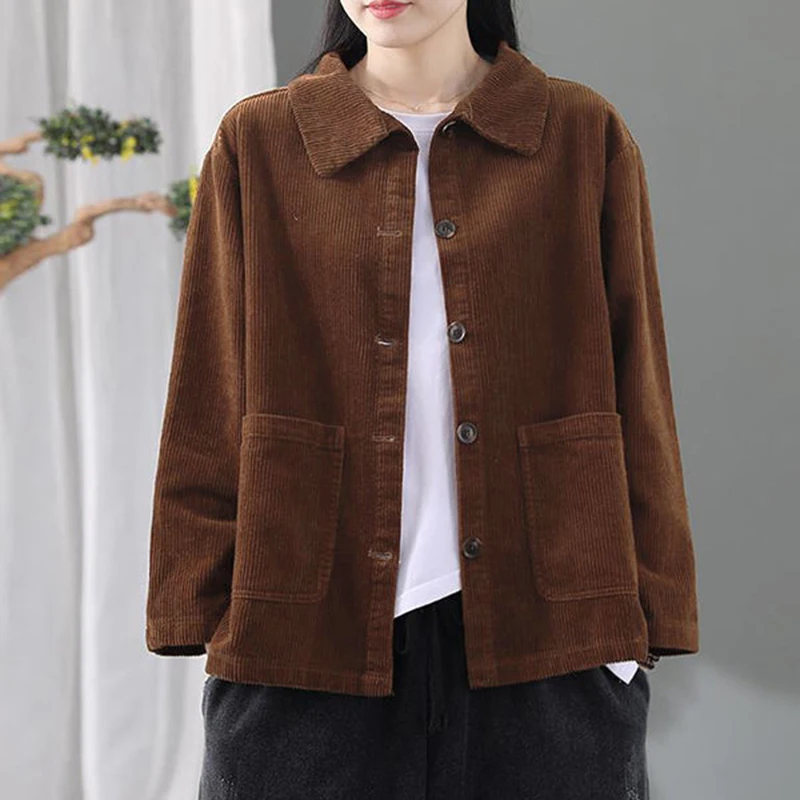 Autumn Vintage Corduroy Women's Shirt Black Single Breasted Casual Blouse Woman Turn Down Collar Shirts Jacket 
Autumn Vintage Corduroy Women's Shirt Black Single Breasted Casual Blouse Woman Turn Down Collar Shirts Jacket