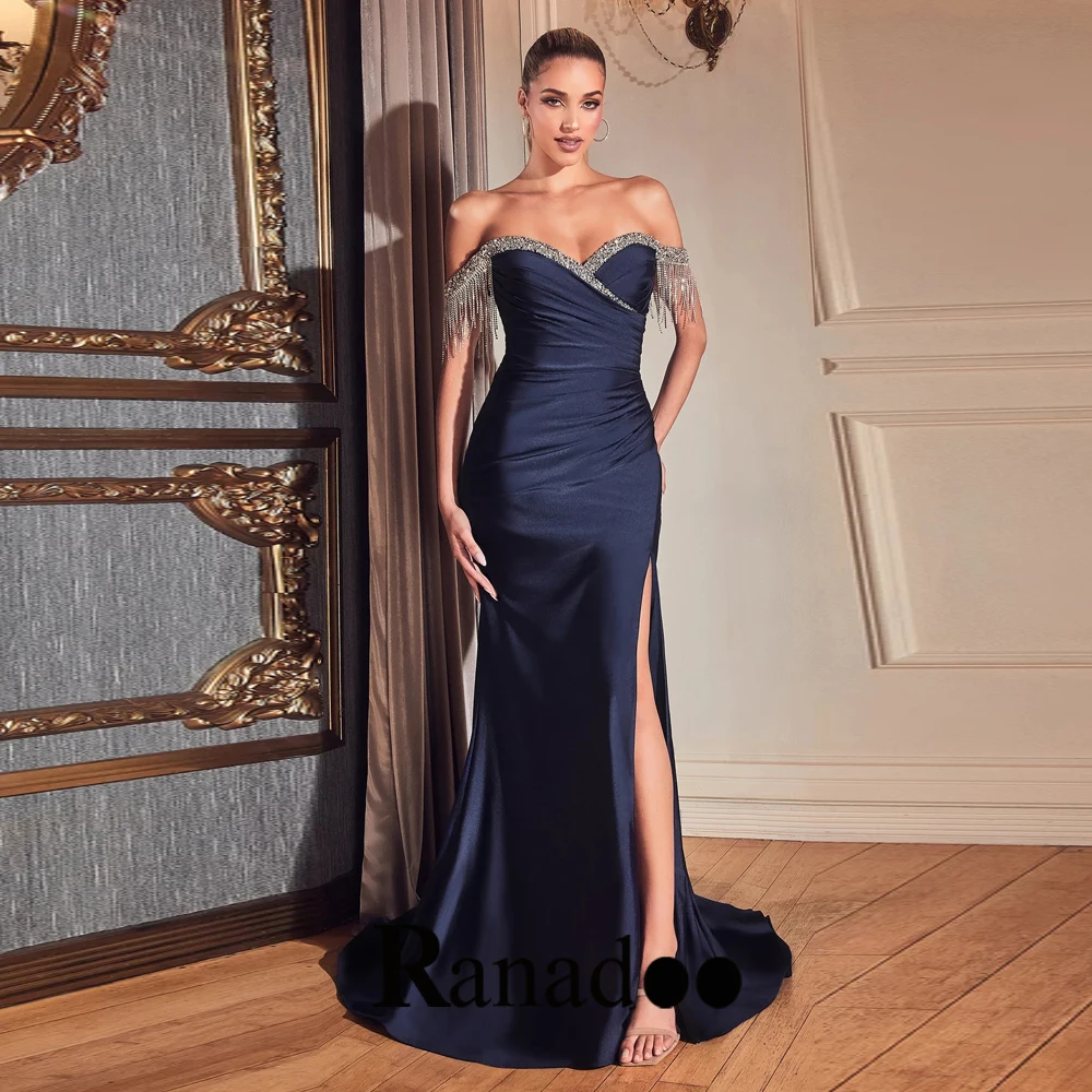 

Ranadoo Attractive Tassel Evening Gowns for Women Off the Shoulder High Slit Trumpet Satin Zipper Prom Dresses De Fiesta