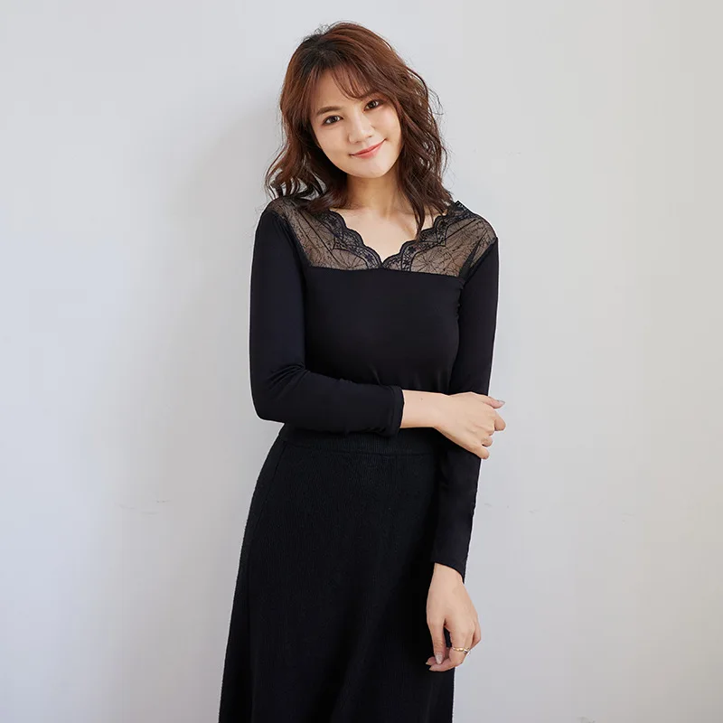 Autumn 2022 New T-shirt with Lace Inside Tight-fitting Modal Black and White Slim Top Shirts for Women Tshirts 
Autumn 2022 New T-shirt with Lace Inside Tight-fitting Modal Black and White Slim Top Shirts for Women Tshirts