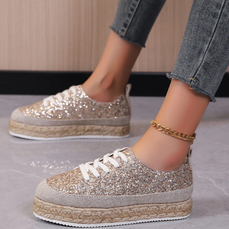 Women Sneakers Woven Edge Sequins Gold Single Shoes Round Head Lace-Up Retro Platform Shoes Light Cozy Walking Vulcanized Shoes
Women Sneakers Woven Edge Sequins Gold Single Shoes Round Head Lace-Up Retro Platform Shoes Light Cozy Walking Vulcanized Shoes